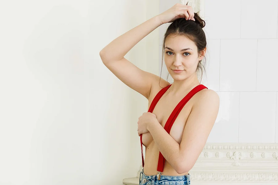 Red Straps Over Aria Vexelle's Bare Breasts In Glamour Session