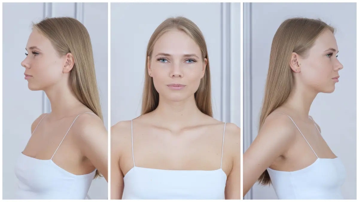 Profile and front view of blonde female model with natural look